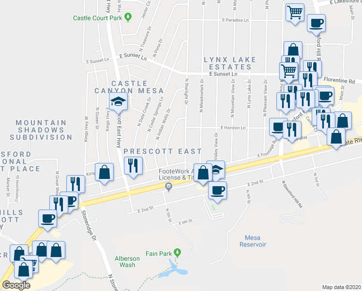 map of restaurants, bars, coffee shops, grocery stores, and more near 2818 North Starlight Drive in Prescott Valley