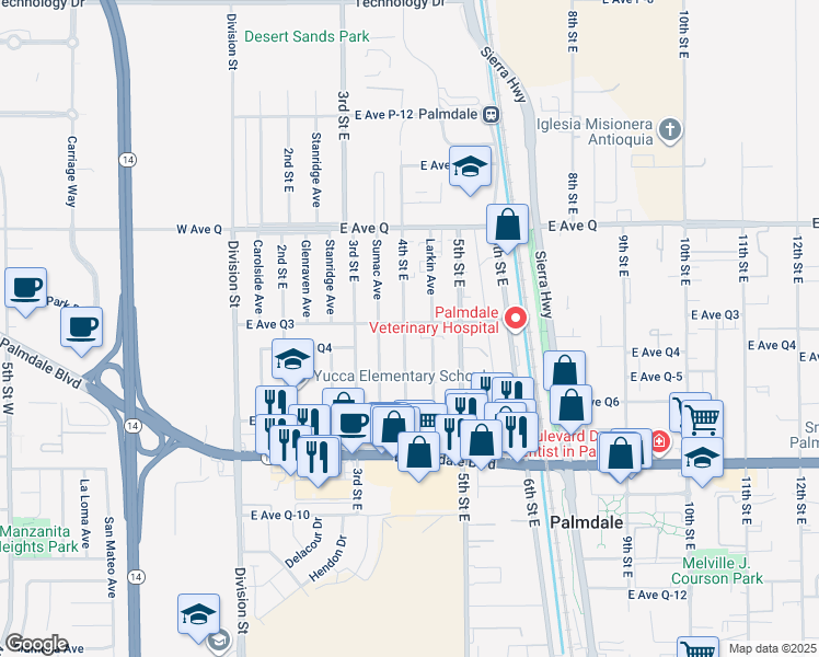 map of restaurants, bars, coffee shops, grocery stores, and more near 406 Avenue Q-3 in Palmdale