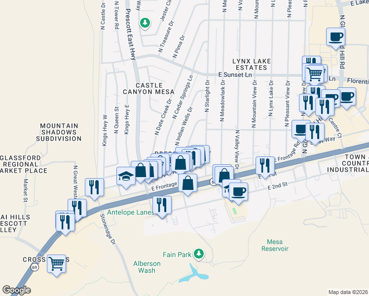 map of restaurants, bars, coffee shops, grocery stores, and more near 2820 North Superstition Lane in Prescott Valley