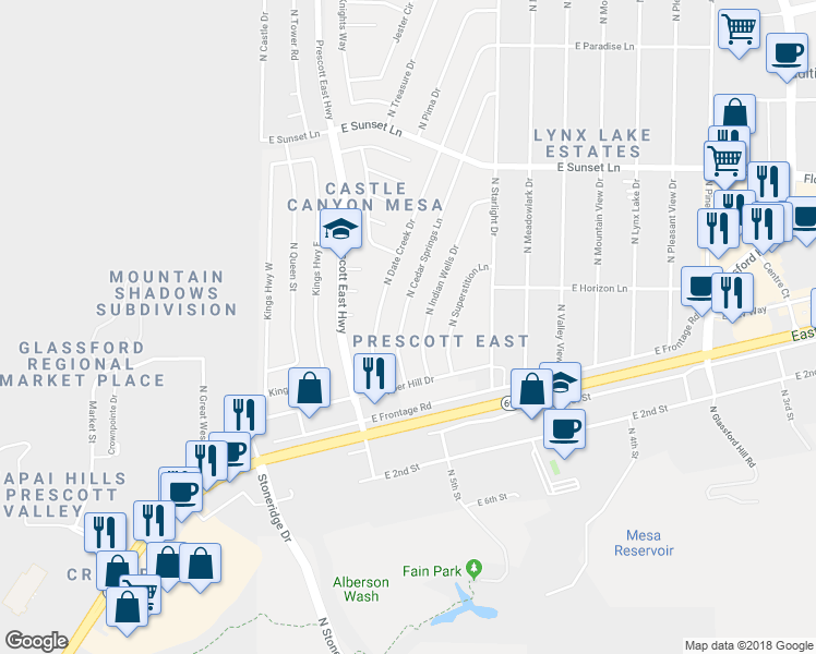 map of restaurants, bars, coffee shops, grocery stores, and more near 2819 North Cedar Springs Lane in Prescott Valley