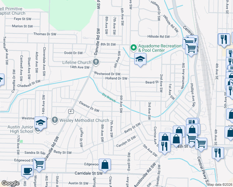 map of restaurants, bars, coffee shops, grocery stores, and more near 604 Holland Drive Southwest in Decatur