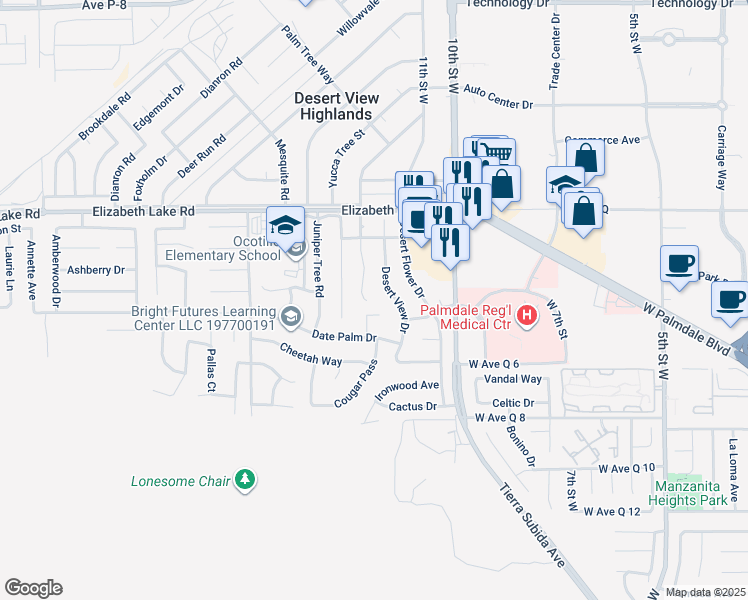 map of restaurants, bars, coffee shops, grocery stores, and more near 38586 Sage Tree Street in Palmdale