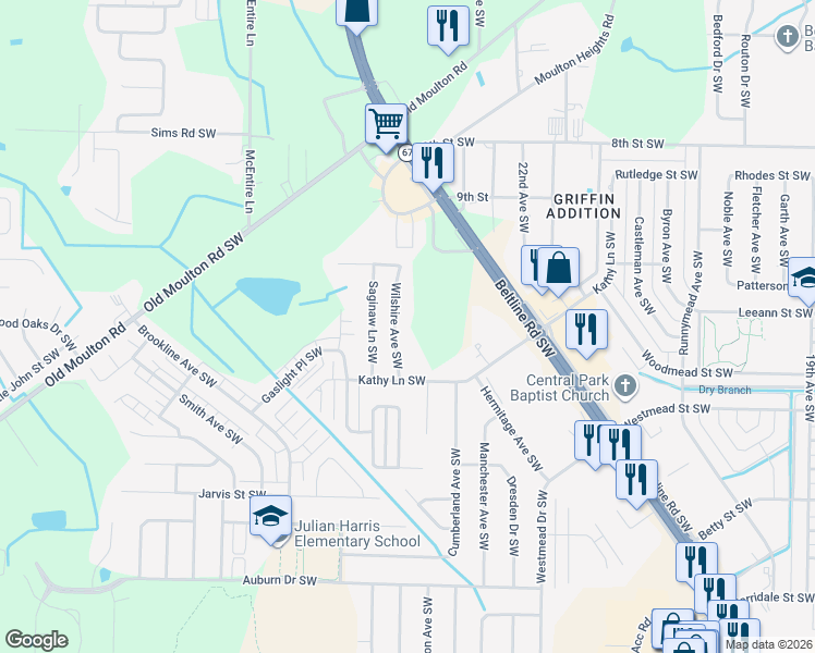 map of restaurants, bars, coffee shops, grocery stores, and more near 1702 Wilshire Avenue Southwest in Decatur