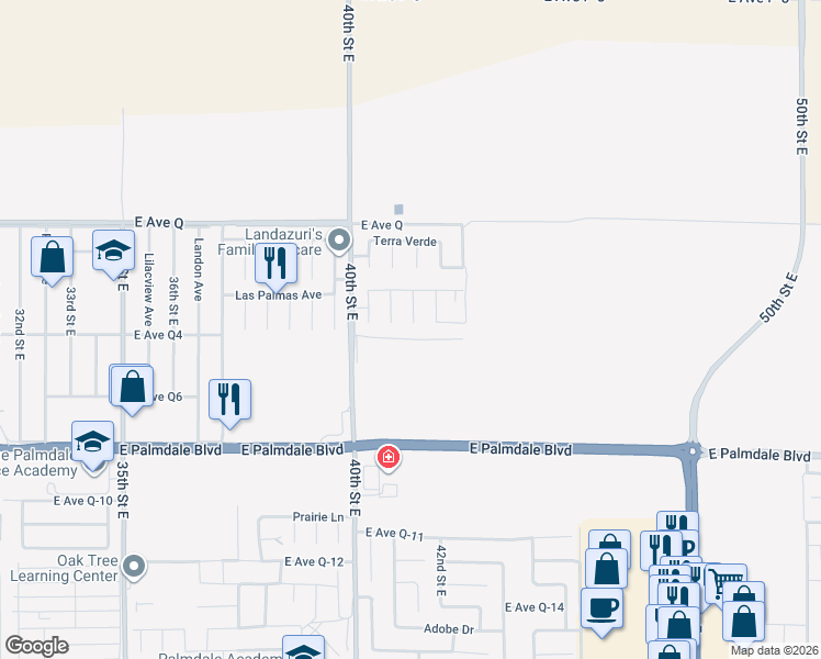 map of restaurants, bars, coffee shops, grocery stores, and more near 38601 Dedham Court in Palmdale