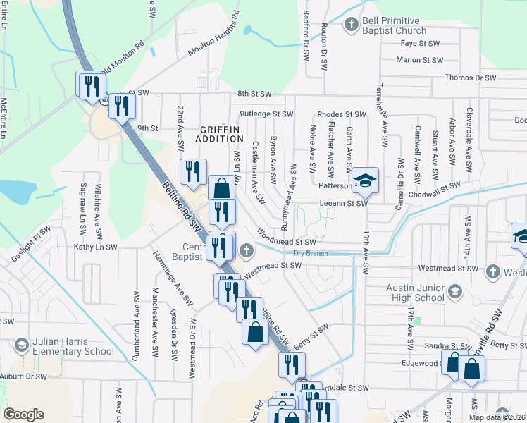 map of restaurants, bars, coffee shops, grocery stores, and more near 1317 Castleman Avenue Southwest in Decatur