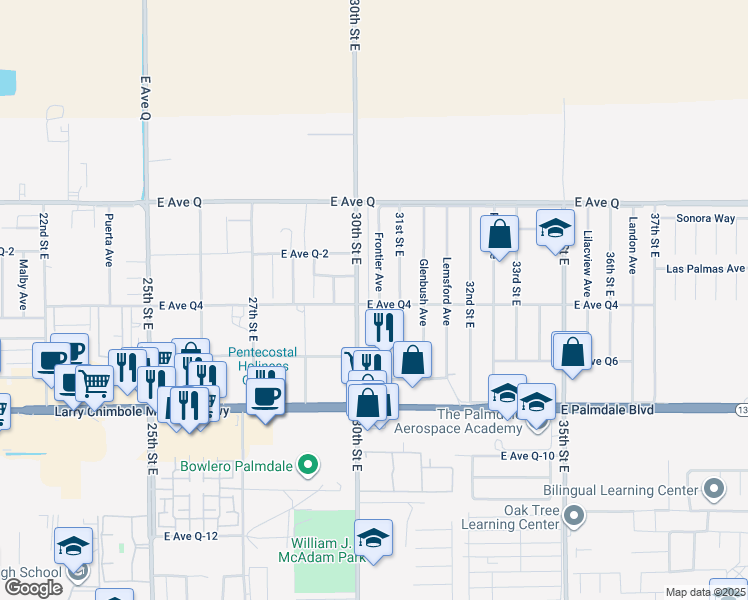 map of restaurants, bars, coffee shops, grocery stores, and more near 38603 Frontier Ave in Palmdale