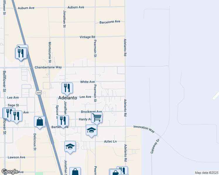 map of restaurants, bars, coffee shops, grocery stores, and more near Yates Avenue in Adelanto