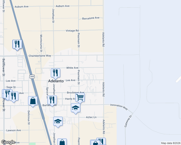map of restaurants, bars, coffee shops, grocery stores, and more near 11971 White Avenue in Adelanto