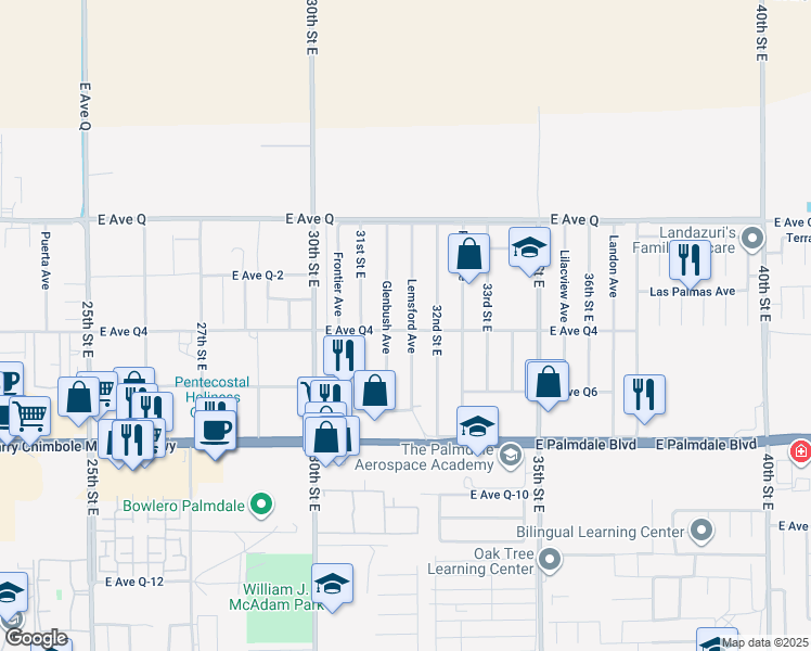 map of restaurants, bars, coffee shops, grocery stores, and more near 38603 Lemsford Avenue in Palmdale