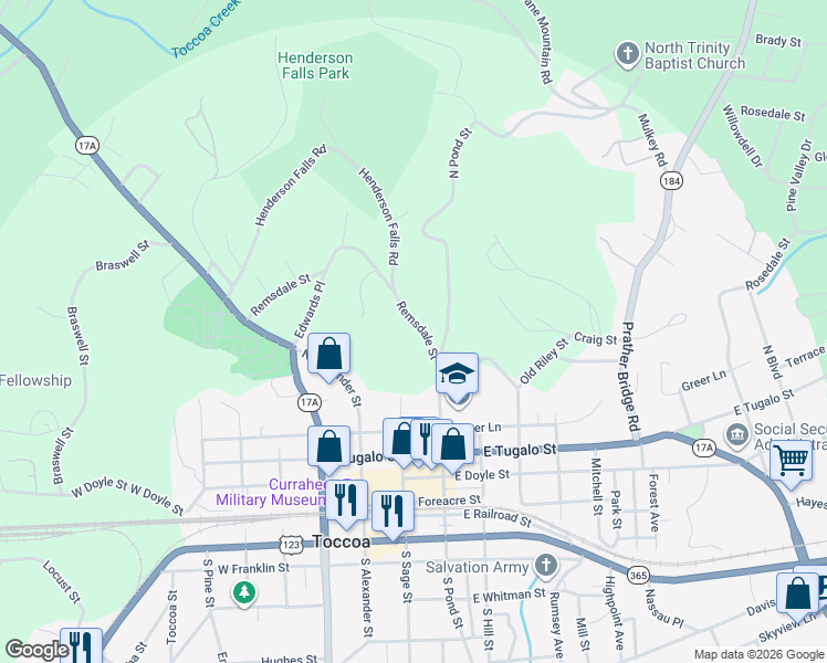 map of restaurants, bars, coffee shops, grocery stores, and more near 326 Remsdale Road in Toccoa