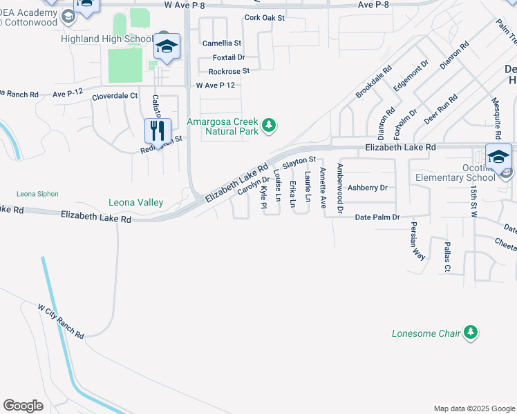 map of restaurants, bars, coffee shops, grocery stores, and more near 38617 Kyle Place in Palmdale