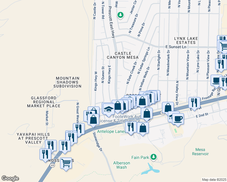 map of restaurants, bars, coffee shops, grocery stores, and more near 2830 N Prescott E Hwy in Prescott Valley