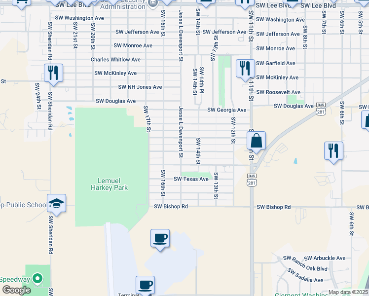 map of restaurants, bars, coffee shops, grocery stores, and more near 1415 Southwest Wisconsin Avenue in Lawton