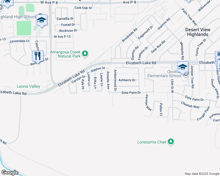 map of restaurants, bars, coffee shops, grocery stores, and more near 38616 Annette Avenue in Palmdale