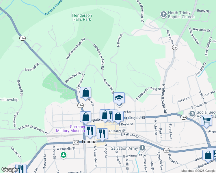 map of restaurants, bars, coffee shops, grocery stores, and more near 326 Remsdale Road in Toccoa