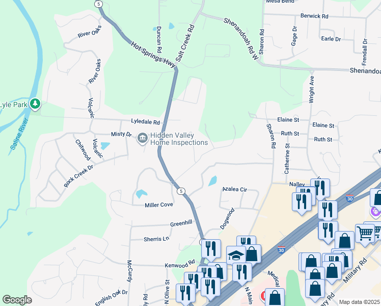 map of restaurants, bars, coffee shops, grocery stores, and more near 2201 Charles Place in Benton
