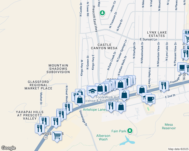 map of restaurants, bars, coffee shops, grocery stores, and more near 2830 North Prescott East Highway in Prescott Valley