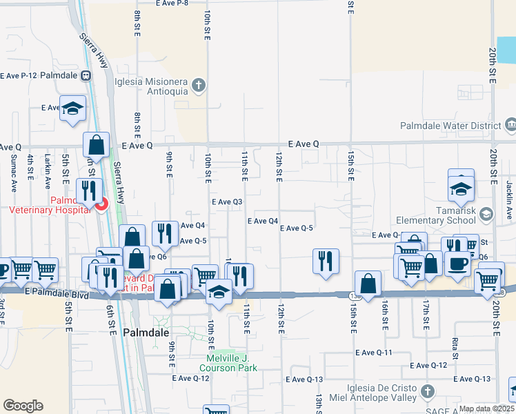 map of restaurants, bars, coffee shops, grocery stores, and more near 1105 East Avenue Q4 in Palmdale