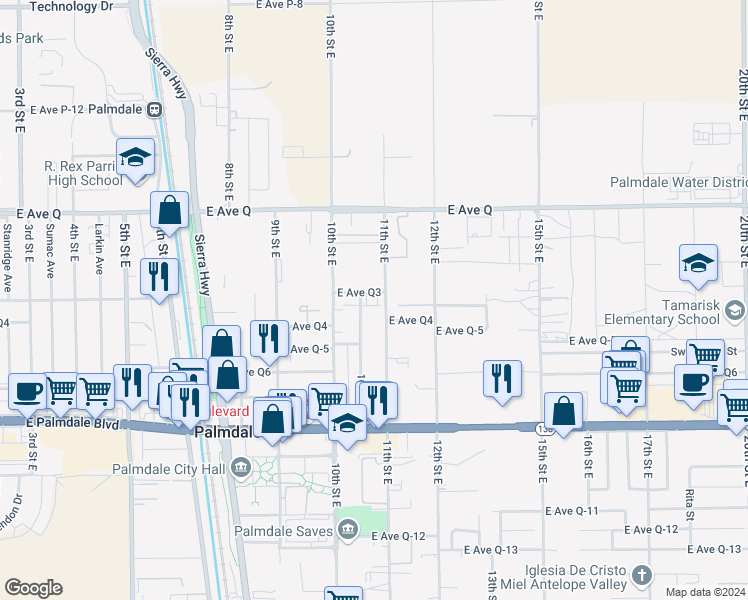 map of restaurants, bars, coffee shops, grocery stores, and more near 38609 11th Street East in Palmdale