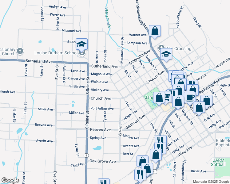 map of restaurants, bars, coffee shops, grocery stores, and more near 301 11th Street in Mena