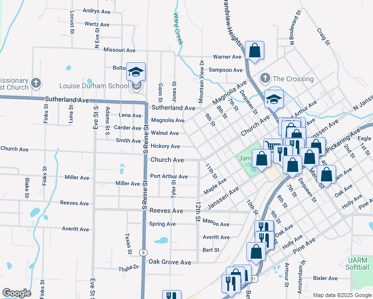 map of restaurants, bars, coffee shops, grocery stores, and more near 1206 Hickory Avenue in Mena