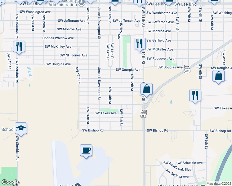 map of restaurants, bars, coffee shops, grocery stores, and more near 1325 Southwest Wisconsin Avenue in Lawton