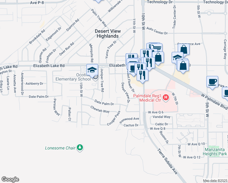 map of restaurants, bars, coffee shops, grocery stores, and more near 38603 Sage Tree Street in Palmdale