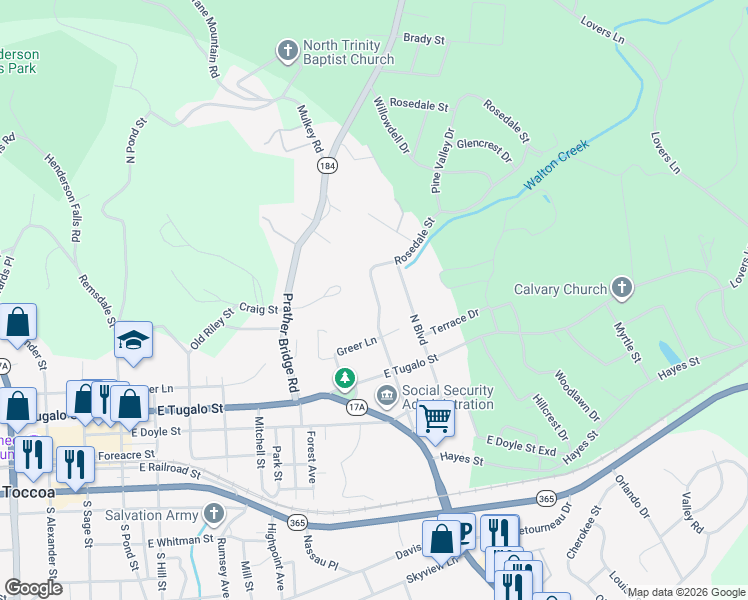 map of restaurants, bars, coffee shops, grocery stores, and more near 1168 Rosedale Street in Toccoa