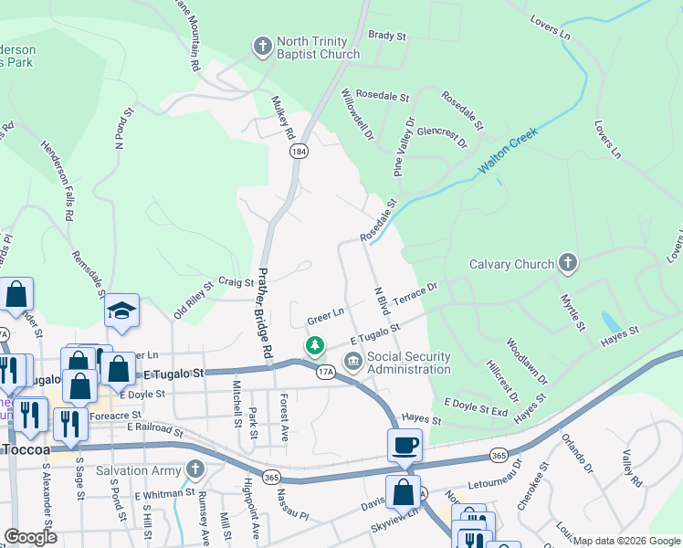 map of restaurants, bars, coffee shops, grocery stores, and more near 1168 Rosedale Street in Toccoa