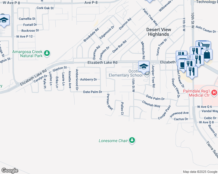 map of restaurants, bars, coffee shops, grocery stores, and more near 38624 Panther Drive in Palmdale