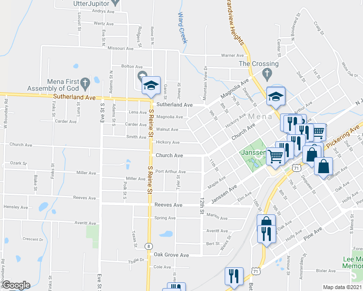 map of restaurants, bars, coffee shops, grocery stores, and more near 1206 Hickory Avenue in Mena