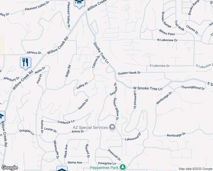 map of restaurants, bars, coffee shops, grocery stores, and more near 2509 Redbud Lane in Prescott