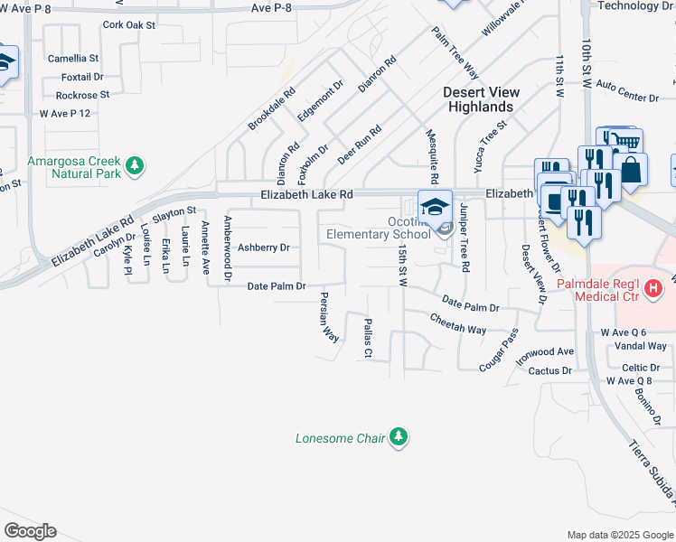 map of restaurants, bars, coffee shops, grocery stores, and more near 38623 Lynx Way in Palmdale