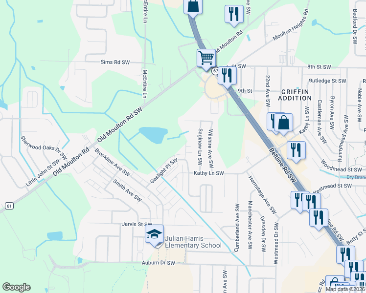 map of restaurants, bars, coffee shops, grocery stores, and more near 2301 Gaslight Court Southwest in Decatur