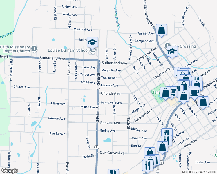 map of restaurants, bars, coffee shops, grocery stores, and more near 1310 Hickory Avenue in Mena