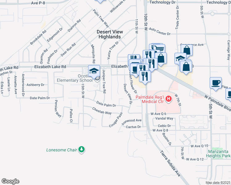 map of restaurants, bars, coffee shops, grocery stores, and more near 38603 Sage Tree Street in Palmdale