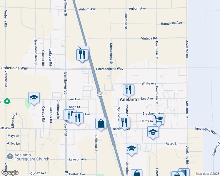 map of restaurants, bars, coffee shops, grocery stores, and more near 11 Montezuma Street in Adelanto