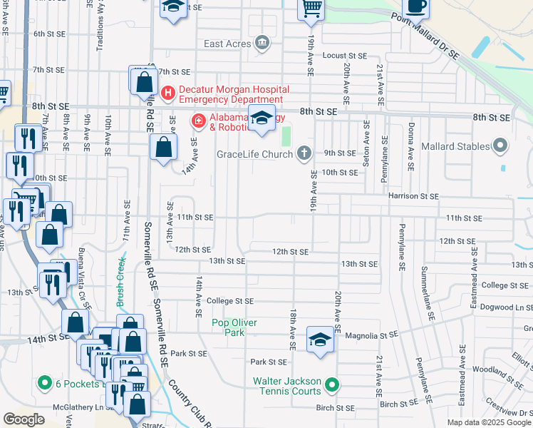 map of restaurants, bars, coffee shops, grocery stores, and more near 1600 11th Street Southeast in Decatur