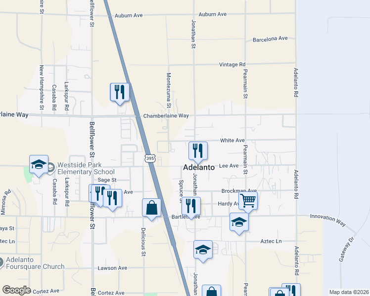 map of restaurants, bars, coffee shops, grocery stores, and more near 11661 White Avenue in Adelanto