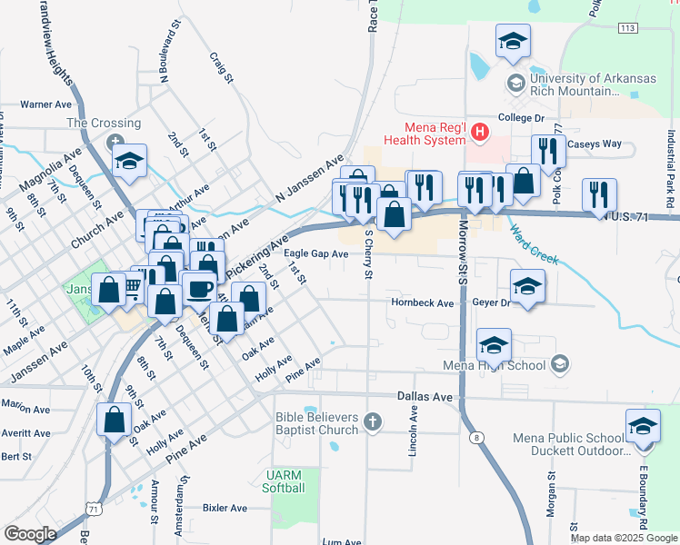map of restaurants, bars, coffee shops, grocery stores, and more near 309 Jenny Lind Drive in Mena