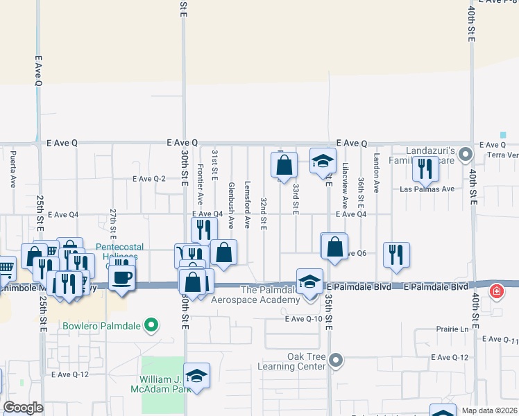 map of restaurants, bars, coffee shops, grocery stores, and more near 38609 32nd Street East in Palmdale