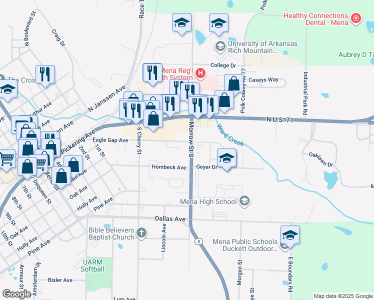 map of restaurants, bars, coffee shops, grocery stores, and more near 309 Morrow Street South in Mena