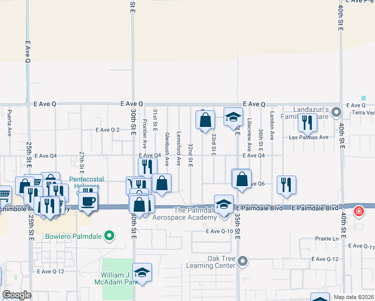 map of restaurants, bars, coffee shops, grocery stores, and more near 38609 32nd Street East in Palmdale