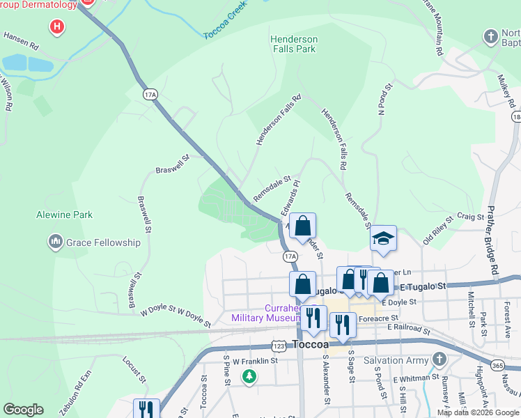 map of restaurants, bars, coffee shops, grocery stores, and more near 334 Georgia 17 Alternate in Toccoa