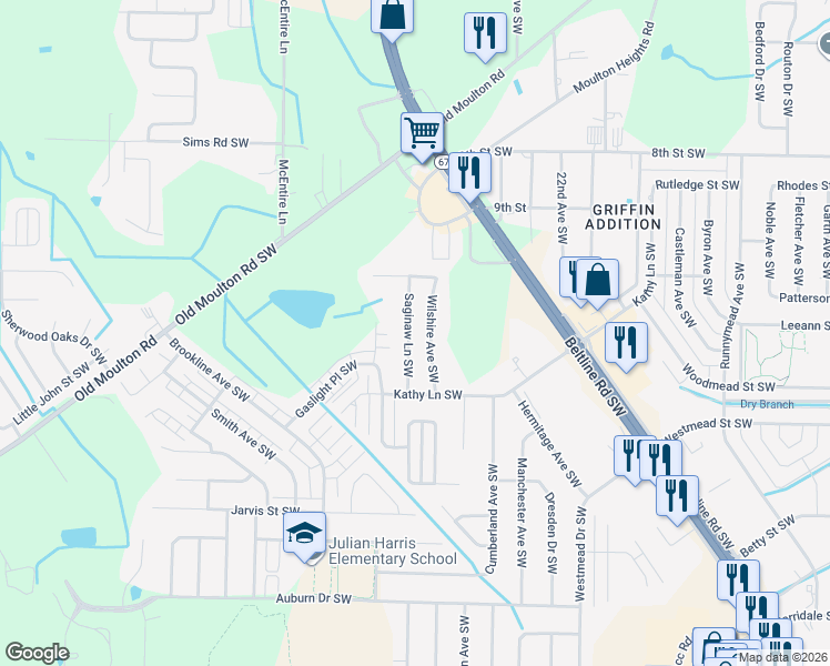 map of restaurants, bars, coffee shops, grocery stores, and more near 1702 Saginaw Lane Southwest in Decatur