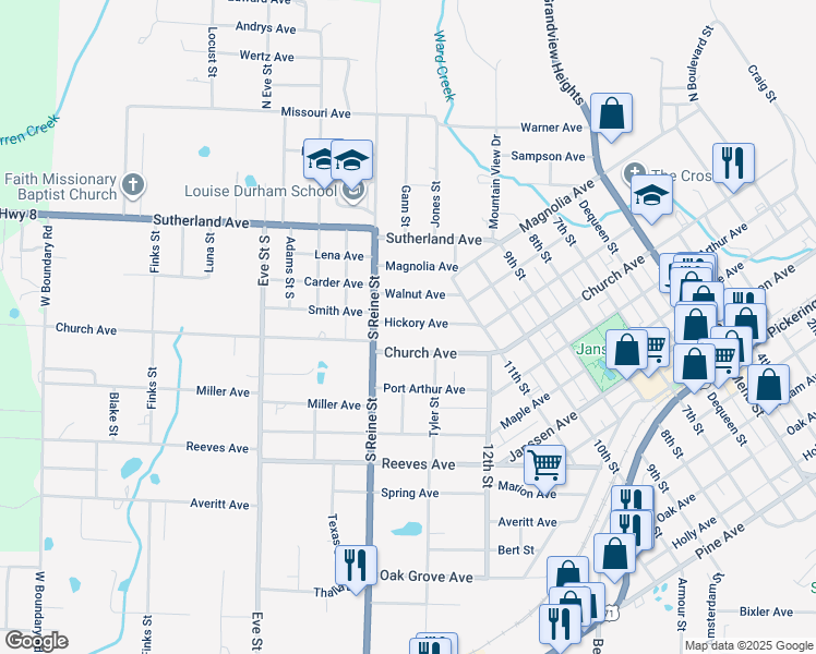 map of restaurants, bars, coffee shops, grocery stores, and more near 1310 Hickory Avenue in Mena