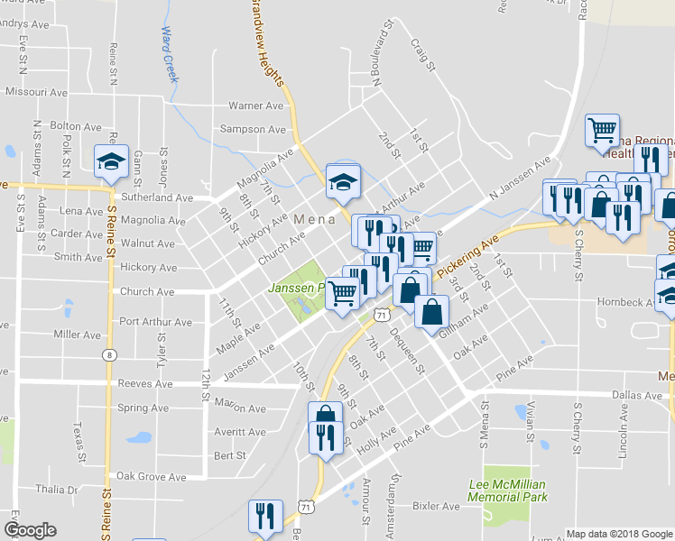 map of restaurants, bars, coffee shops, grocery stores, and more near 651 Maple Avenue in Mena