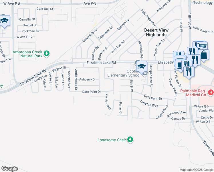 map of restaurants, bars, coffee shops, grocery stores, and more near 38624 Panther Drive in Palmdale