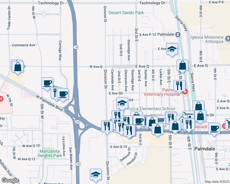 map of restaurants, bars, coffee shops, grocery stores, and more near 133 East Avenue Q3 in Palmdale