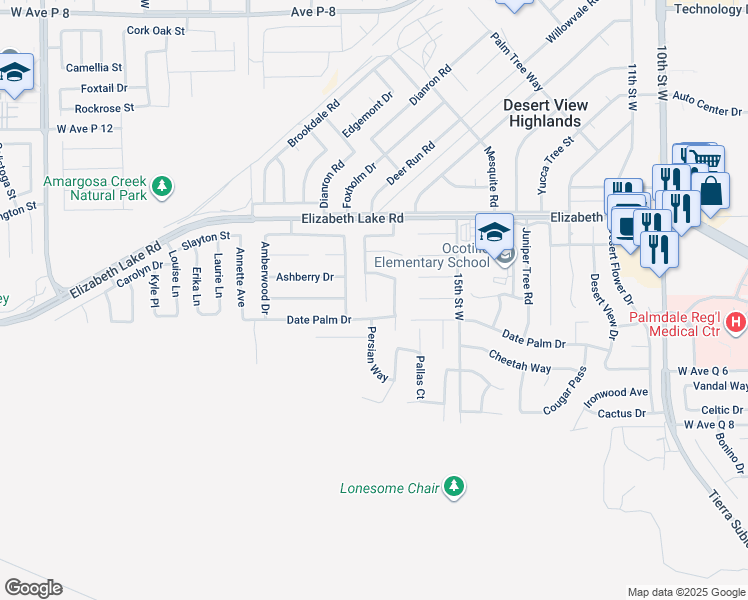 map of restaurants, bars, coffee shops, grocery stores, and more near 38624 Panther Drive in Palmdale